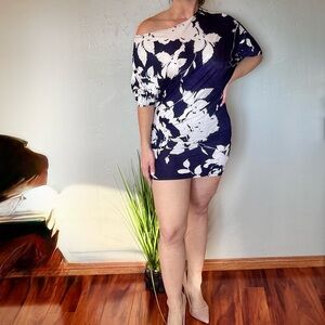 HAK Elegant One Shoulder Asymmetrical Navy Floral Mini Dress